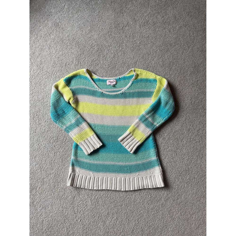 American Eagle Outfitters Striped Knit Coastal Sweater Womens S Teal Green Cream